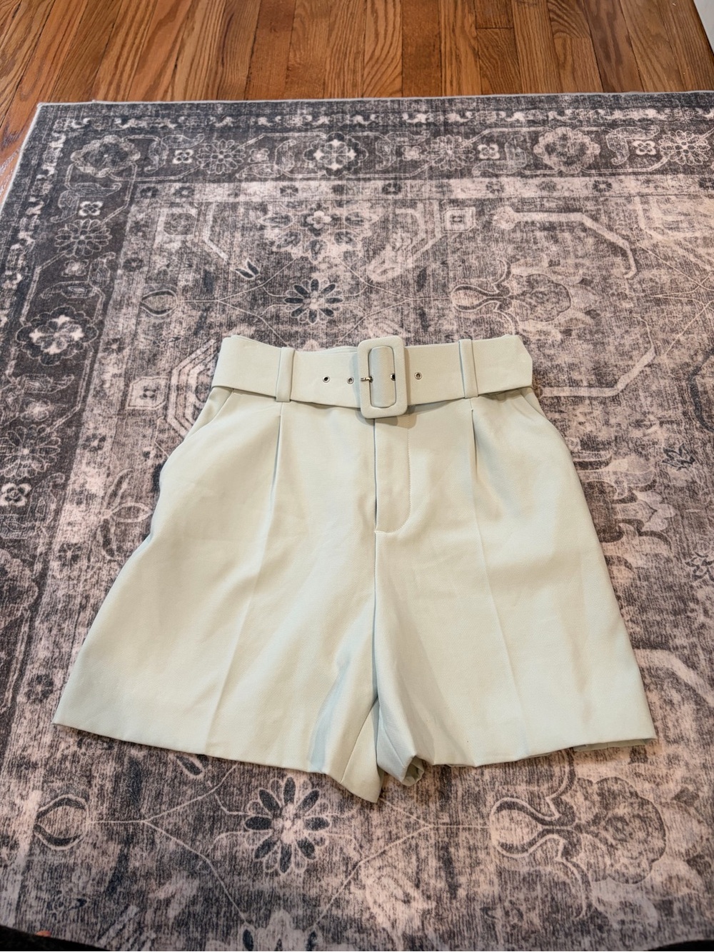 Zara Mint Green High-Waist Belted Bermuda Shorts